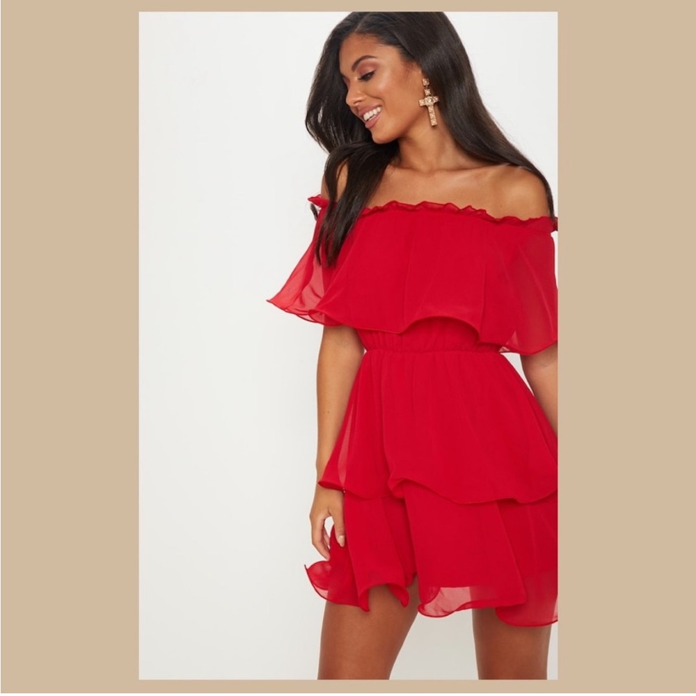 PLT Red Chiffon Ruffle Dress